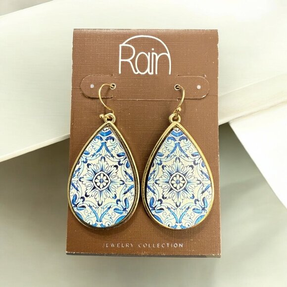 Rain Jewelry - NOC Teardrop Wood Earrings Blue White Tile Pattern Gold-Tone Accents Lightweight